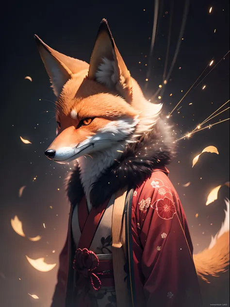 "Enchanting night scene with a Japanese featuring a captivating glowing fox surrounded by mesmerizing particles of light and a stunning light effect. Nenhum ser humano presente."