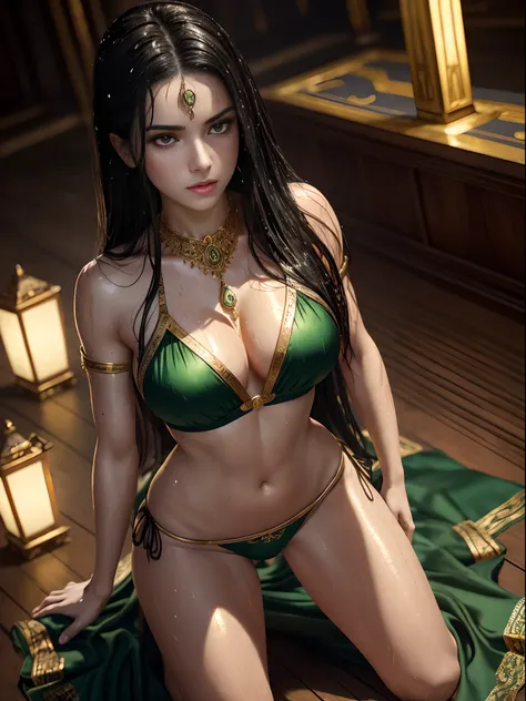 Photorealistic Image of Gorgeous Greek Female Model with Athletic Body, Long Black Hair, (One Person), (Green colored Revealing Bikini with Silk Cloth and Detailed Golden Jeweleries), (Pale Skin:1.4), (Detailed Wet and Sweaty Appearance:1.2), (Serious Face...