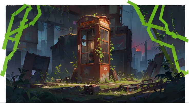 (photorealistic:1.2),(best quality,highres),post-apocalypse phone booth,overgrown plants,ruined city,desolate landscape,no humans in sight,epic sunset lighting,vibrant colors,concept art style,abandoned atmosphere