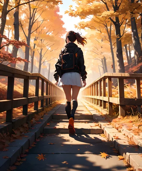 masterpiece, a female walking on a top of a bridge, back facing camera, the ground is covered with fallen autumn leaves, maple leaves, vibrant autumn scene, fallen leaves, golden hour, swirling wind, autumn yellow grass, (falling leaves), shades of yellow,...