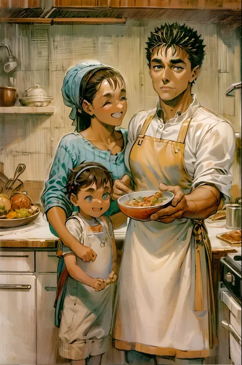 suletta, guts, couple, husband and wife, suletta motherly, house wife, cooking, mother and son, children , family, happy