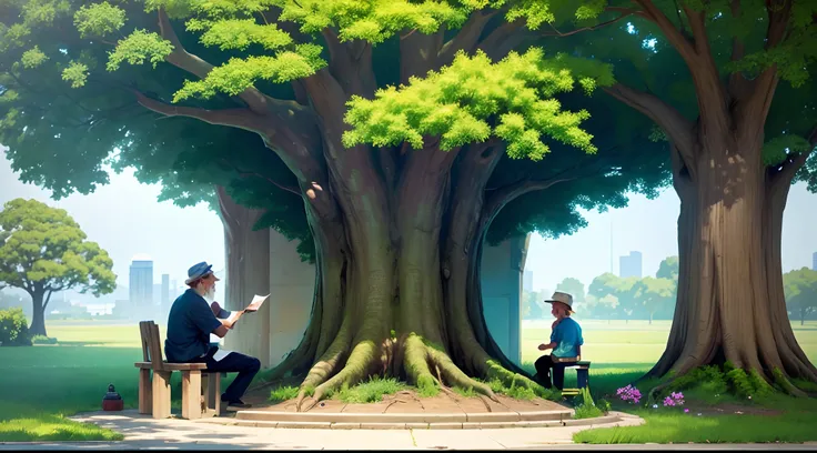 The picture is clear,The sky is blue, Under a big green tree, an old man tells a story to a boy,a wall clock is hanging by big green tree