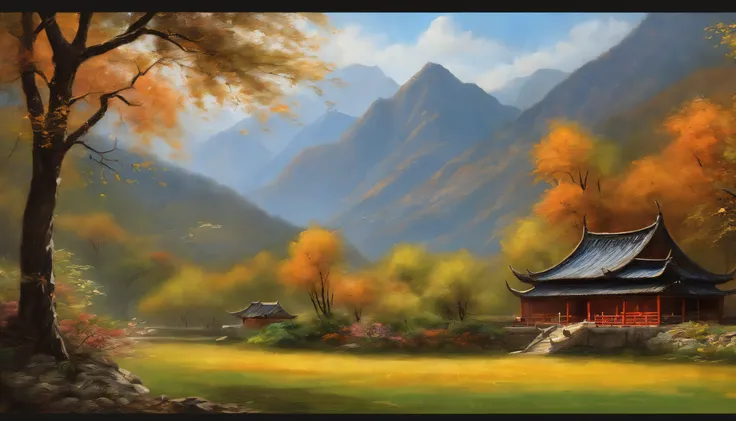 An old Chinese man landscape in china and cute little mountain, Позирование viva, ((Estilo Arthur-Adams)), Oil knife-painting palette, Detailed illustration, ((best quality, tmasterpiece)), Detalhe extremo, 8k,china medieval paisagem depois de cristo