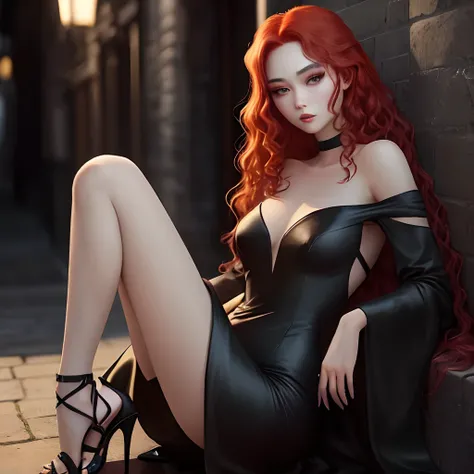 Fantasy Character.  She has gray eyes with makeup, a thin face, perfect skin and a scar on her face. She has long wavy red hair, wears a knee-length black dress and is wearing high heels.