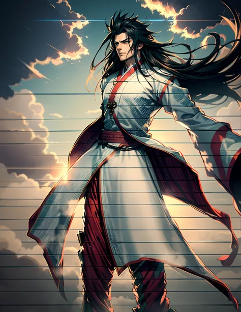 A man with disheveled long hair, a cascade of unruly locks, a handsome countenance, a carefree expression, tall and slender, wears a light-colored Chinese-style undershirt, over which he layers a loose dark-colored long daoist robe, long and wide sleeves, ...