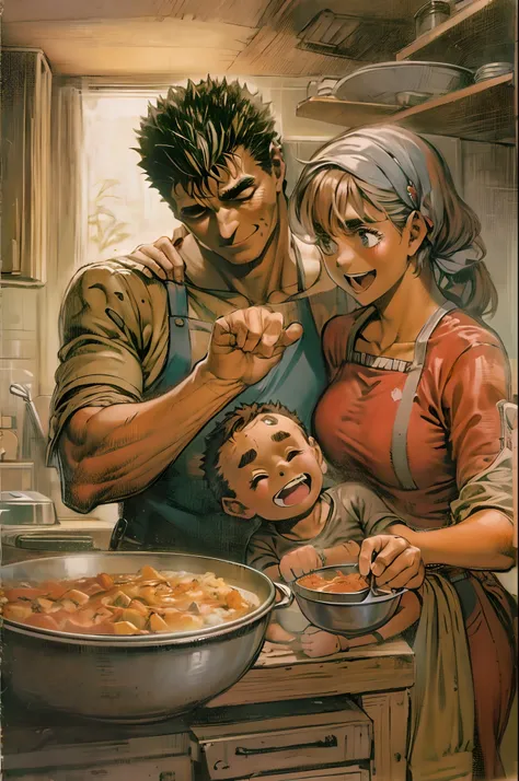 suletta, guts, couple, husband and wife, suletta motherly, house wife, cooking, mother and son, children , family, happy