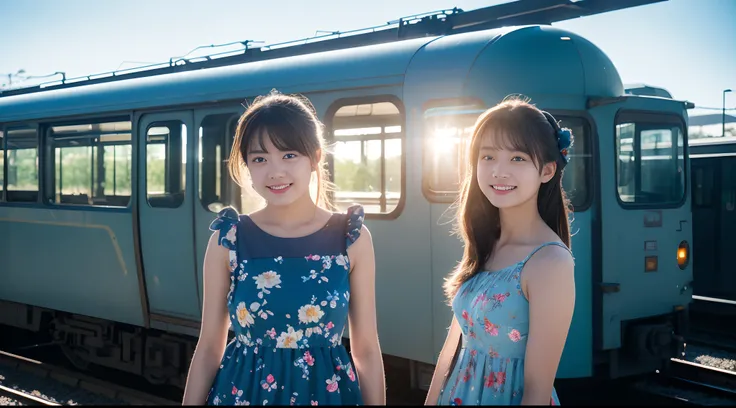 17-year-old girl in a light blue floral dress，Wait for the train at the station，There are blurred passers-by behind it，Ultra-realistic real people，A hopeful smile，extreme picture quality，Extreme light and shadow，Extreme light chasing，Extreme ambient light，...