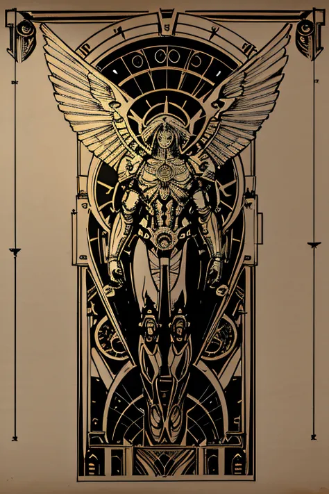 poster of a mechanical steampunk angel with large wings, technical schematics viewed from front view full body pose on light whi...