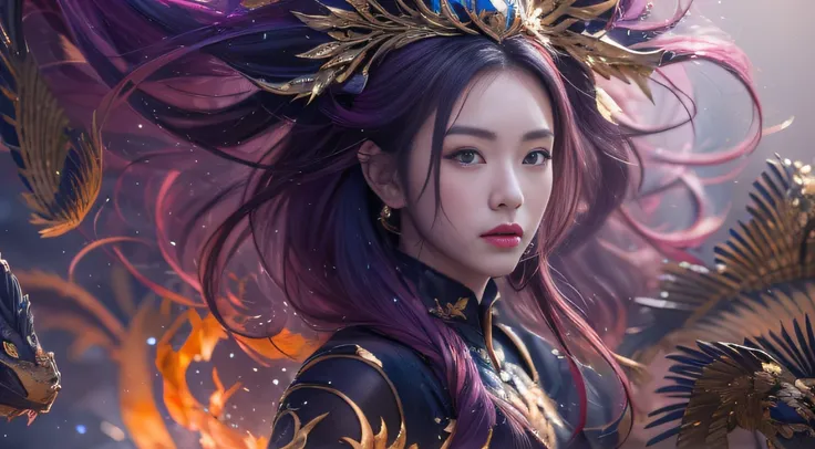 Fantasy Fairy Girl 32K（tmasterpiece，k hd，hyper HD，32K）Long flowing bright purple hair，Autumn Pond，zydink， a color， Fantasy fairy girl（Playful girl）， （Silk scarf）， Combat posture， looking at the ground， long whitr hair， Floating bright purple， Fire cloud pa...