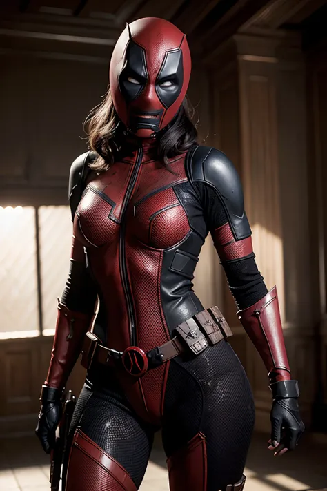 morena baccarin as deadpool, in deadpool armor and mask, (dynamic pose), (hyper realistic:1.4), (realistic:1.3), (best quality r...