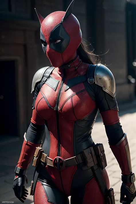 Morena Baccarin as Deadpool, in Deadpool armor and mask, (dynamic pose), (hyper realistic:1.4), (realistic:1.3), (best quality real texture skin), full body, (Cinematic Light), highly detailed skin, skin pores, (highly detailed face:1.1), (highly detailed ...