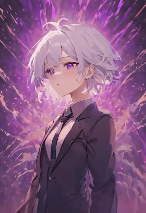 White hair，young  male，Black and red suit，Purple pupils，whaite hair，magister