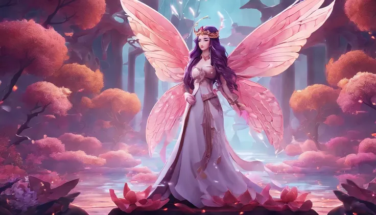 Fantasy Fairy Girl 32K（tmasterpiece，k hd，hyper HD，32K）Long flowing bright purple hair，Autumn Pond，zydink， a color， Fantasy fairy girl（Playful girl）， （Silk scarf）， Combat posture， looking at the ground， long whitr hair， Floating bright purple， Fire cloud pa...