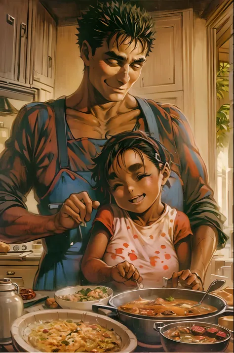 suletta, guts, couple, husband and wife, suletta motherly, house wife, cooking, mother and son, children , family, happy