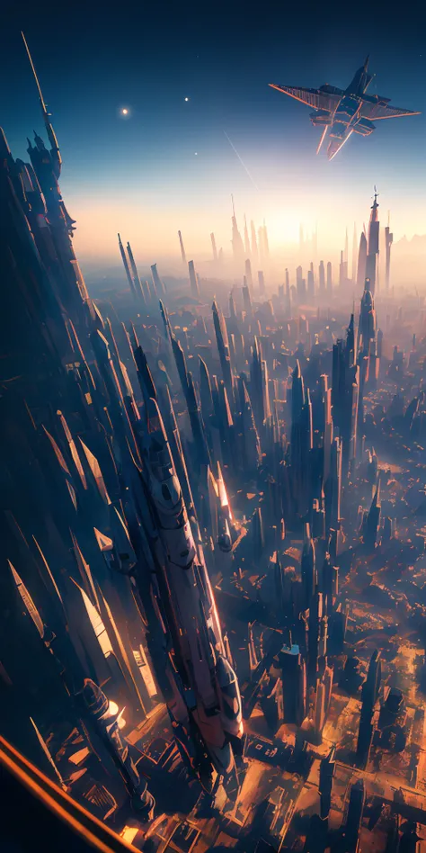 Spaceship flying over city in space station, planets in background, highly Arstation and Beeple, futuristic spaceport, space opera and dystopian style, realistic realistic city in the distance, epic beautiful space sci-fi, photos of futuristic cityscape, f...