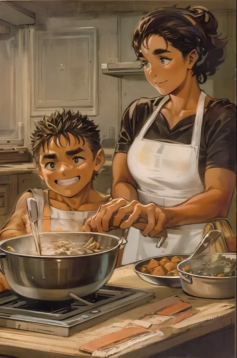 suletta, guts, couple, husband and wife, suletta motherly, house wife, cooking, mother and son, children , family, happy