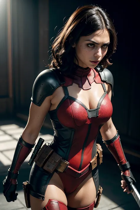 morena baccarin as deadpool, in sexy deadpool armor, armed with katana blades, (dynamic pose), (hyper realistic:1.4), (realistic...