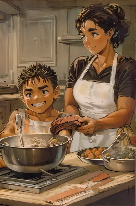 suletta, guts, couple, husband and wife, suletta motherly, house wife, cooking, mother and son, children , family, happy