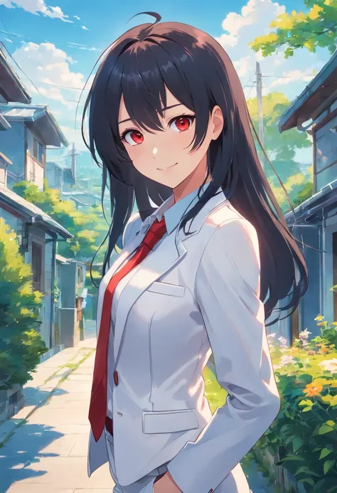 1Girl with black long hair, red eyes,white skin wearing white suit with tie wearing jeans smiling look at the viewer a house background 8k masterpiece