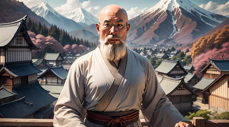 Drawing, ultra realistic, 8k, extremely detailed, in the best quality, man, Japanese monk, with long beard, no hair, standing, in a Japanese village with in the background mountains.