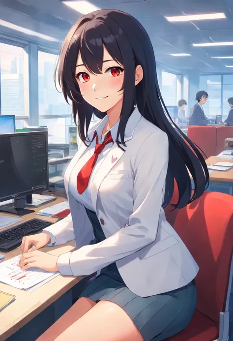 1Girl with black long hair, red eyes,white skin big breast wear office clothes smiling look at the viewer 8k masterpiece