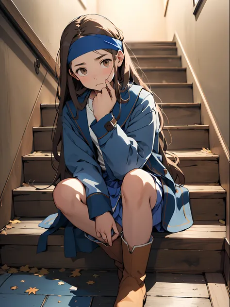 Girl with long Brown hair, sad eyes, shy expresion,  blue Headband, blue wool coat, white t-shirt, blue skirt, knee high Brown boots, sitting on stairs, sad, hands over knees