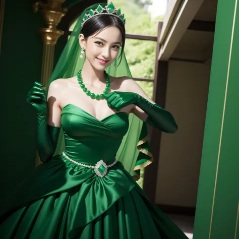 emerald tiara, Green Pearl Necklace, Boyish very short black hair, lipsticks, Japan woman smiling, very short short hair, big breasts beautiful, Green eyes, Long green gloves made of satin material, Green eyes, Emerald Earrings