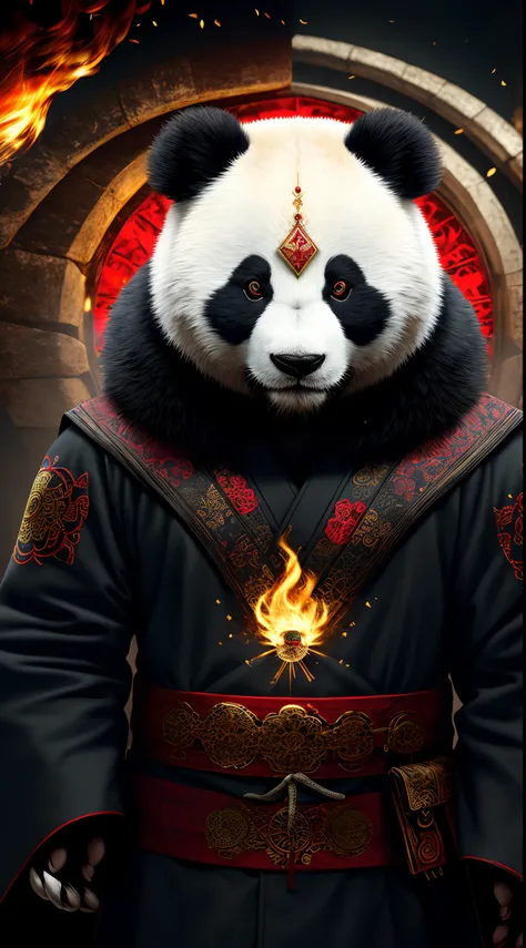 extremely detailed 8k wallpaper), intricate, richly detailed, dramatic, Panda bear with white kimono, ready for combat, Sinister face is drawn with only a pair of red eyes peeking underneath, graphics insanely, light is reflected in the ornaments, bright a...