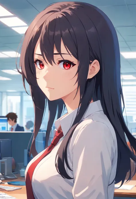 1Girl with black long hair, red eyes,white skin big breast hot looking wear office clothes look at the viewer 8k masterpiece at the office