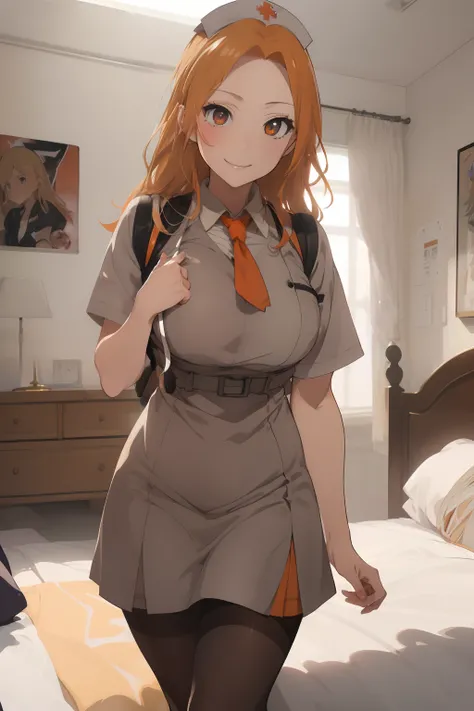 (​masterpiece、top-quality、top-quality、Beautifully Aesthetic:1.2)、ighly detailed、highestdetailed、grey  eyes、orange color hair|Semi-long blonde hair、((nurses outfit))、(pantyhose)、(Short dress)、Matsumoto Rangiku、graffiti art、Look at the viewer、A smile、Bedroom...