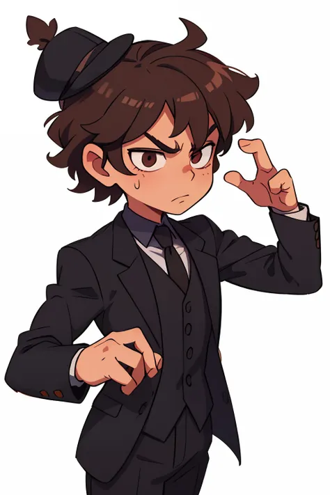 1guy, short disheveled brown hair, brown right eye, blind left eye, scar on his left eye, Strict black suit, hat on his head, pistols in hand, whitebackground