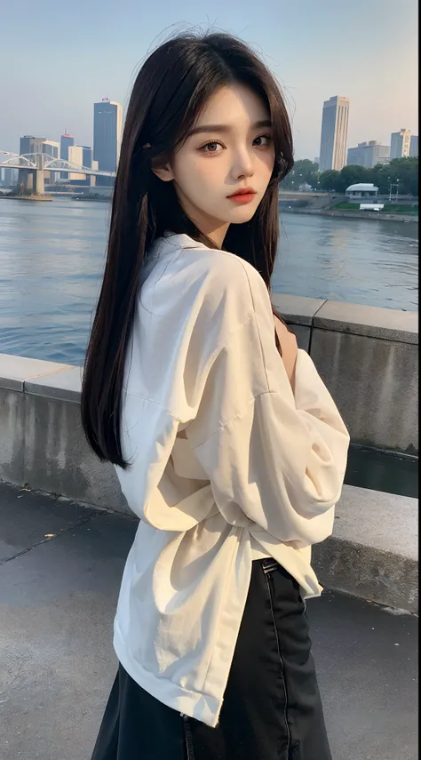 ​masterpiece、top-quality)、1 beutiful girl、Slim body、((Black and white plain clothes:1.1))、(Detailed beautiful eyes)、In the Han River、((Boyish Brown Medium Hair))、((Smaller face))、((Neutral face))、((Light brown eyes))、((Korean Girl))、((18year old))、((cool l...