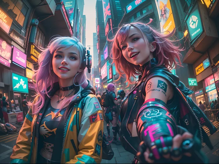 ((2 cyberpunk girls wearing colorful Harajuku style pop outfit)), ((((fisheye lens)))), cowboy shot, wind, messy hair, ((cyberpunk 2077 cityscape)), (cyberpunk aesthetics and atmosphere:1.3), bright colors, smiling, ((cinematic lighting))