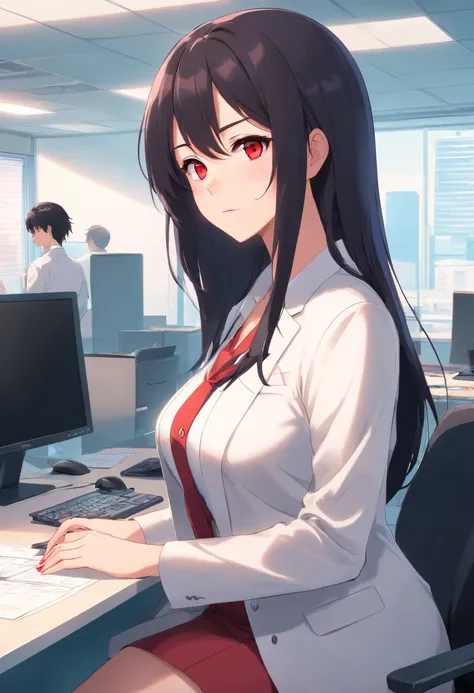 1Mommy with black long hair, red eyes,white skin big breast hot looking wear office clothes look at the viewer show her butt 8k masterpiece at the office