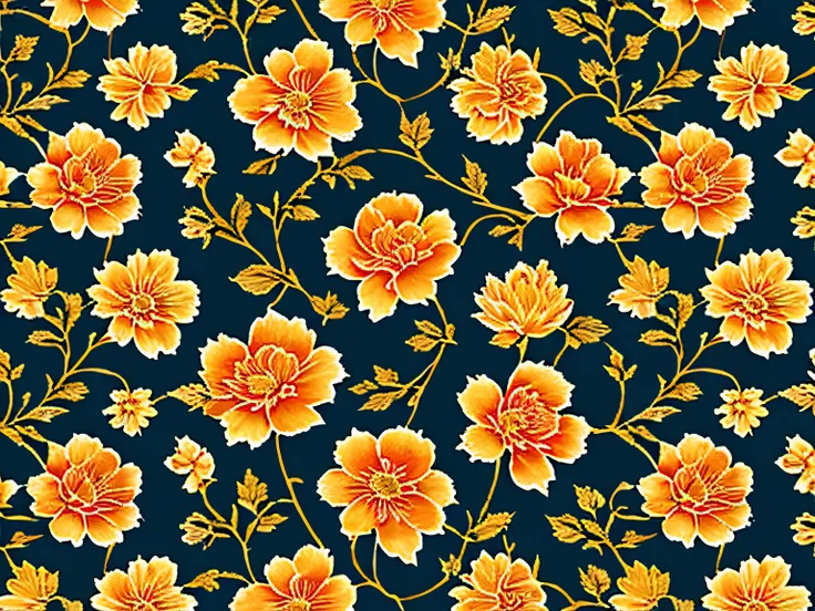 Elegant Vintage Flower Pattern, (use colours Deep Blue, Ocean Teal, Muted Gold, Soft Orange, Burnt Sienna), oil painted, roses, Scrapbook paper, uplighted, pale background, high contrast, bright beautiful colors, diagonal alignment, seamless pattern