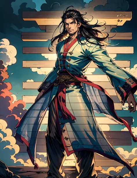 A man with disheveled long hair, a cascade of unruly locks, a handsome countenance, a carefree expression, tall and slender, wears a light-colored Chinese-style undershirt, over which he layers a loose dark-colored long daoist robe, long and wide sleeves, ...