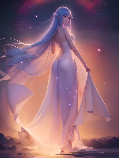 A woman in a long dress stands on a body of water, Beautiful celestial mage, a stunning young ethereal figure, ethereal anime, Beautiful anime artwork, celestial goddess, goddess of galaxies, floating dress, anime girl with cosmic hair, goddess of space an...