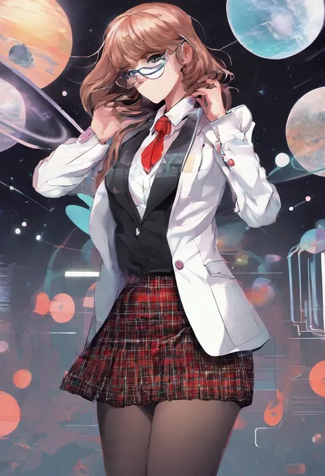 25 yo catholic schoolgirl in school blazer and pleated tartan skirt wearing glasses, nervous, anxious, mary katherine gallagher on stage, erotic pose