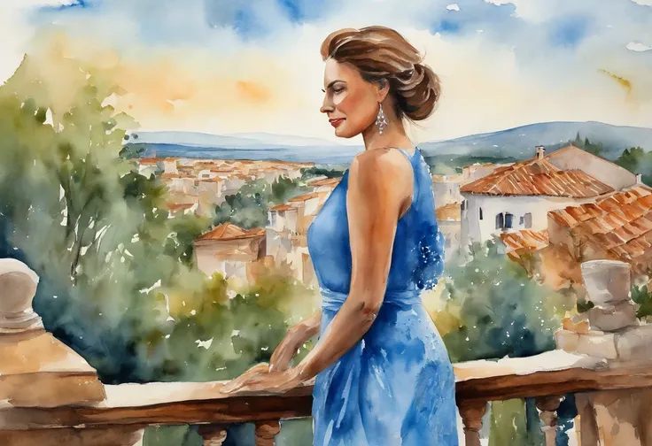 Haughty woman and showing dignity and self-love, The woman is wearing a beautiful blue dress. paisagem urbana, The landscape is ultra detailed, tudo bem detalhado e lindo, ultra qualidade. Realismo 8K