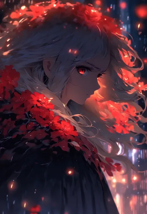 1girl,solo,1girl,solo,((beautiful detailed eyes)), (detailed light),depth of field,(white hair),silver eyes,hair over one eye,(red flower ), hair flower,long hair,black cloak,wet,emotionless,looking back,night,starfall,raining,fog,red flowers falling,sketc...