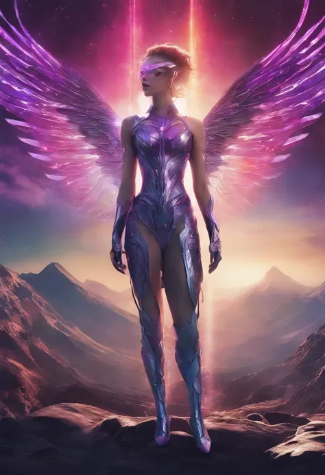 high quality full length portrait,  RAW photo of  european  20yo woman with iridescent angel wings, a warrior, small breasts,  short dark purple hair, natural pale skin texture, jeweled diadem, silver necklace, night, lightning, volcano and mountain backgr...