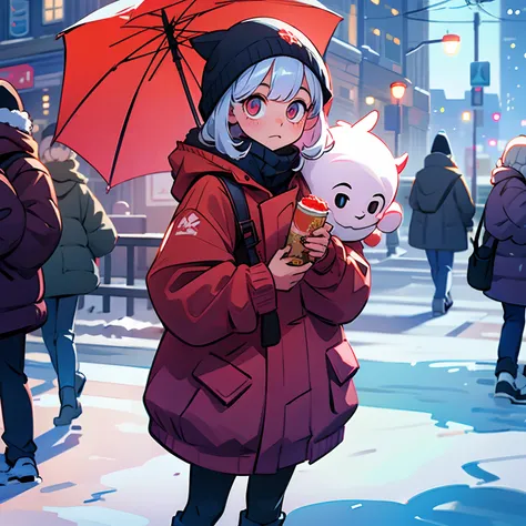 cozy demon girl in a winter outfit, on the street, movie scene, cold, snow