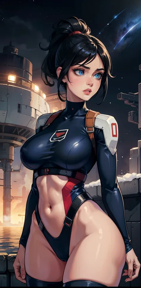 1female，35yo，plumw，extremely large bosom， 独奏，（Background with：Huge machinery，space ship，space） She has short black hair，High ponytail，，seen from the front， hair straight，，（（（tmasterpiece），（Very detailed CG unity 8K wallpaper），best qualtiy，cinmatic lighting...