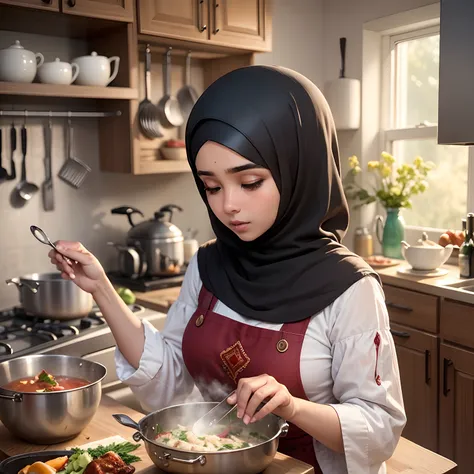 "Imagine a scene featuring a 22-year-old Muslim girl in traditional attire, preparing a delicious meal in her family kitchen. Convey the warmth of the kitchen, the aromatic spices in the air, and the sense of culinary skill as she lovingly prepares a meal ...