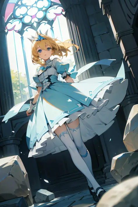 princess girl with light blue eyes and blonde hair. wearing white high kneestocking and black shoes with stone background with windows facing the camera in medeval times