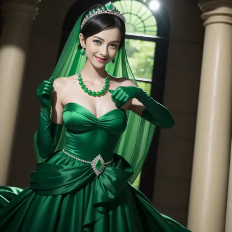 emerald tiara, Green Pearl Necklace, Boyish very short black hair, lipsticks, Japan woman smiling, very short short hair, big breasts beautiful, Green eyes, Long green gloves made of satin material, Green eyes, Emerald Earrings