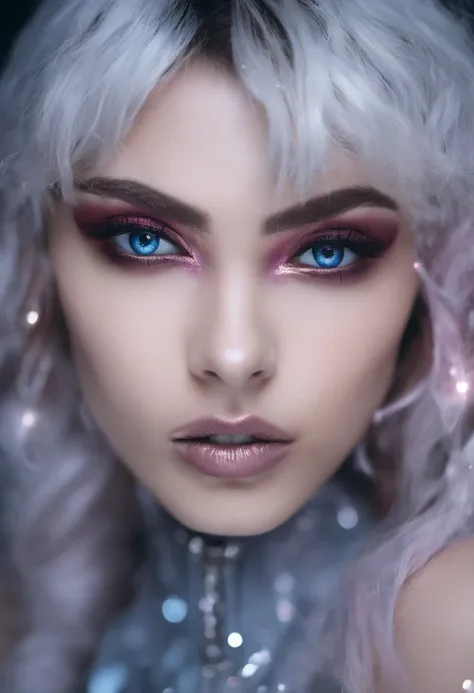 RAW photo of young Greek woman, color photograph, half length picture, close up portrait, ((a realistic photo of a beautiful young 18yo girl)), shadows, ((silver wing eyeliner)), (dark lipstick), ((pale iridescent skin)), dark eyes, leaning towards viewer,...