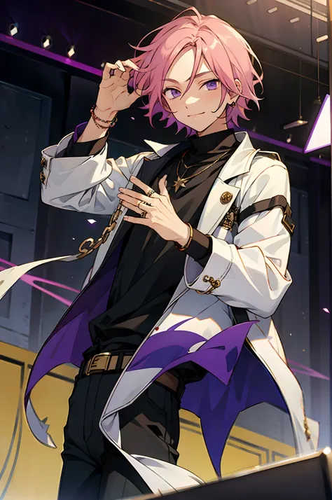 highres, absurdres, kohakues, solo, looking at viewer, smile, short hair, shirt, long sleeves, 1boy, jewelry, closed mouth, purple eyes, jacket, pink hair, male focus, on stage,  belt, pants, necklace, bracelet, open jacket, black shirt, chain, black pants...