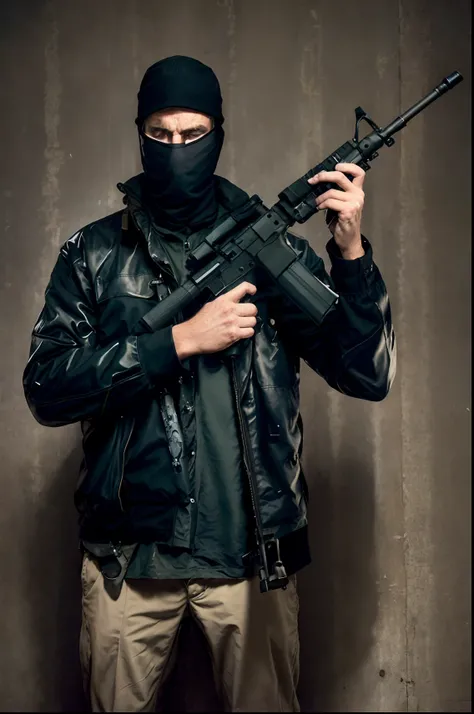 a man in a black jacket and mask holding a gun, wielding assault rifle, man is carrying a rifle, holding ar-15, holding gun, holding rifle, holding a rifle, holding a gun, with rifle in hands, holding a weapon, holding pdw, armed with edged weapons, airsof...