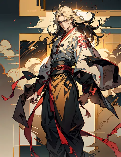 A man with disheveled long hair, a cascade of unruly locks, a handsome countenance, a carefree expression, tall and slender, wears a light-colored Chinese-style undershirt, over which he layers a loose dark-colored long daoist robe, long and wide sleeves, ...